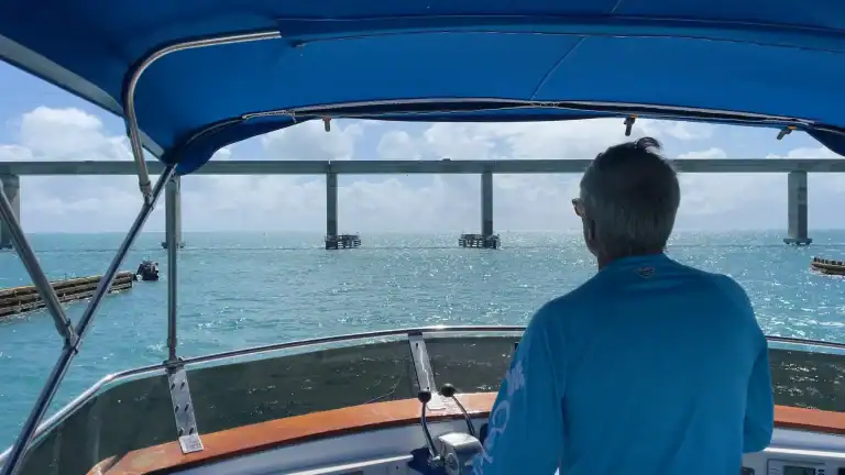 Boating under the bridge toward Marathon Key in the Florida Keys