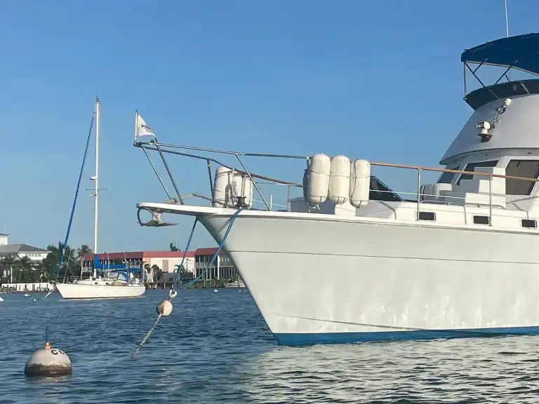 Motor yacht moored on a ball in Boot Key Harbor, Marathon Florida Keys.