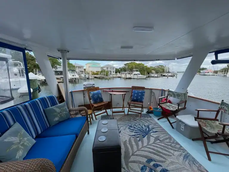 Aft deck patio seating on our liveaboard motor yacht in Madeira Beach, Florida