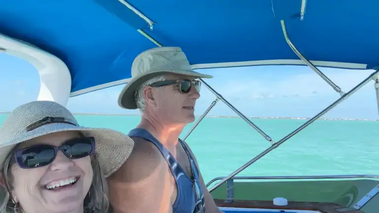 Matt and Linda aboard Slow Ride near Marathon Key after crossing the Gulf on the way to Boot Key Harbor